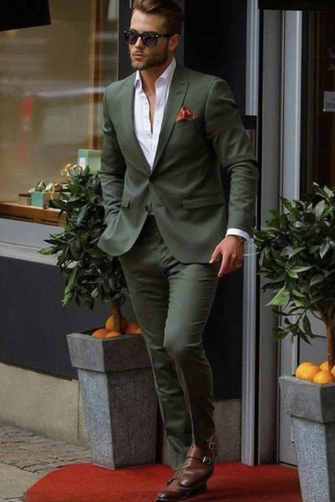 Mens Olive Green Suit Jacket Elegant Grooms Wedding Party Wear Dinner Coat  Pants | eBay
